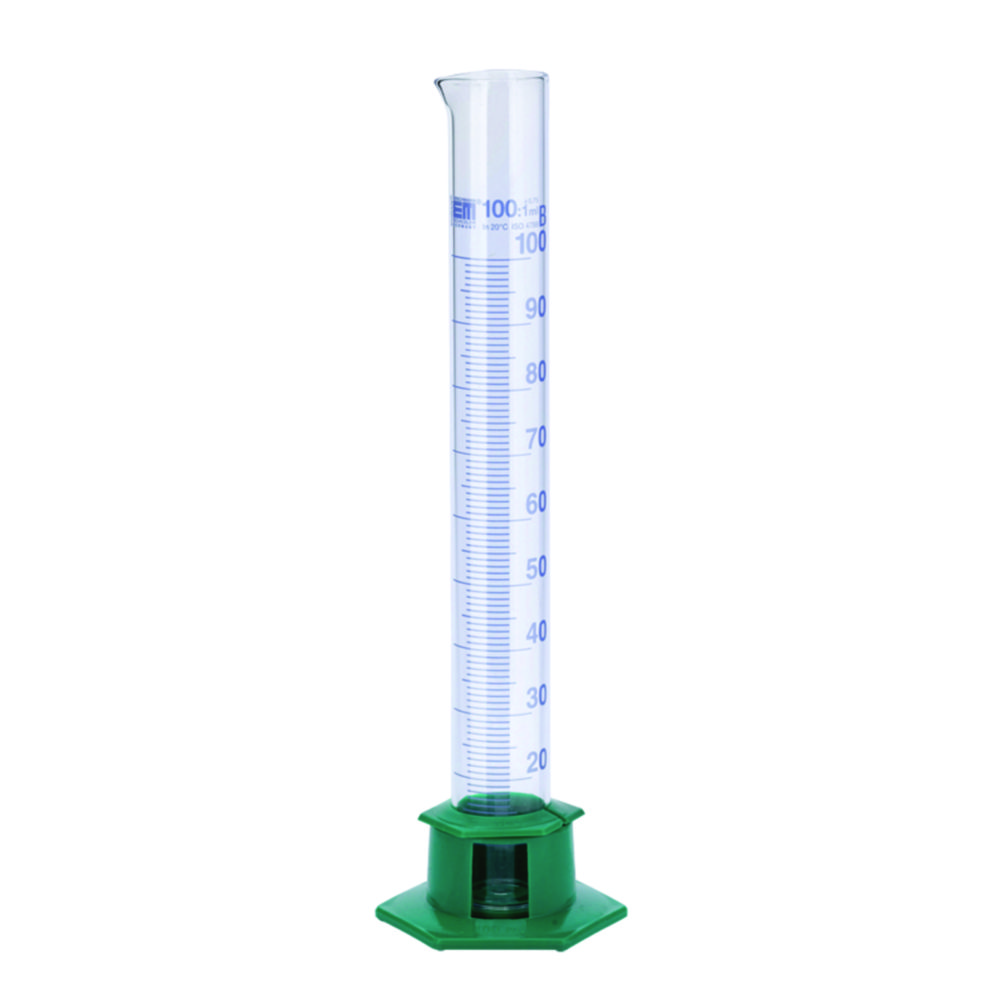 Measuring Cylinder with Plastic Socket, DURAN®, class B, Blue Graduation Measuring Cylinder with Plastic Socket, DURAN®, class B, Blue Graduation