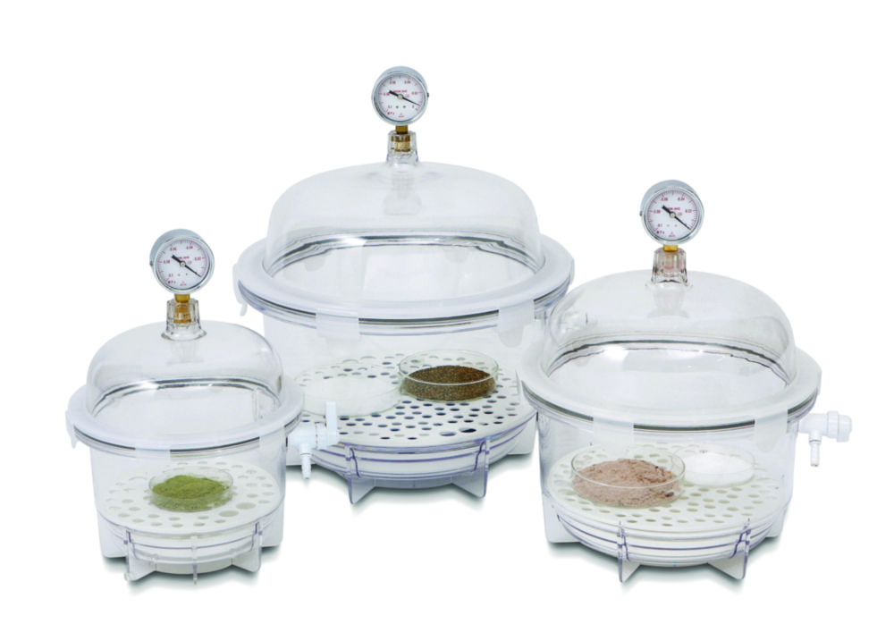 LLG-Vacuum desiccators, polycarbonate, round form, "Heavy Duty", with vacuum gauge LLG-Vacuum desiccators, polycarbonate, round form, "Heavy Duty", with vacuum gauge