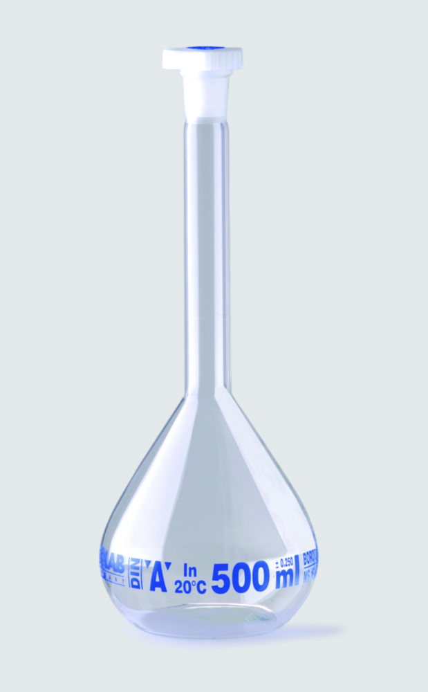 Volumetric flasks, borosilicate glass 3.3, class A, blue graduated, with PE stoppers Volumetric flasks, borosilicate glass 3.3, class A, blue graduated, with PE stoppers