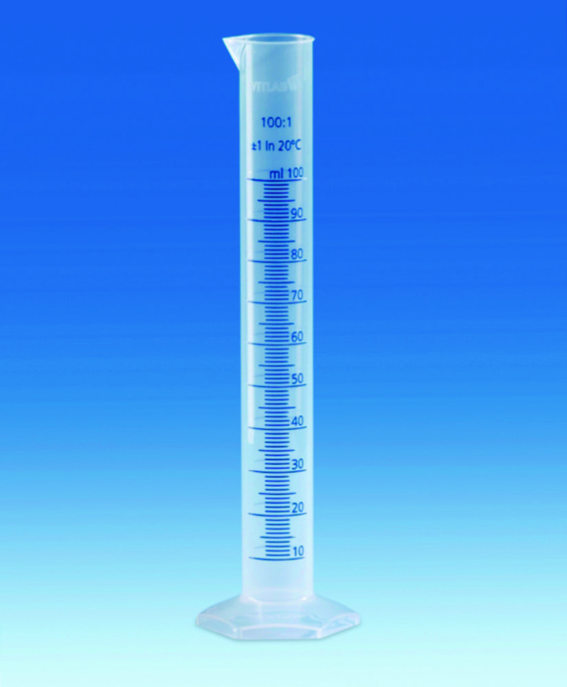 Measuring cylinders, PP, tall form, class B, blue moulded graduations Measuring cylinders, PP, tall form, class B, blue moulded graduations