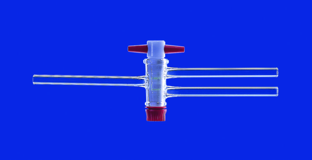 Two-way stopcocks with PTFE plug, borosilicate glass 3.3, with capillary side arms