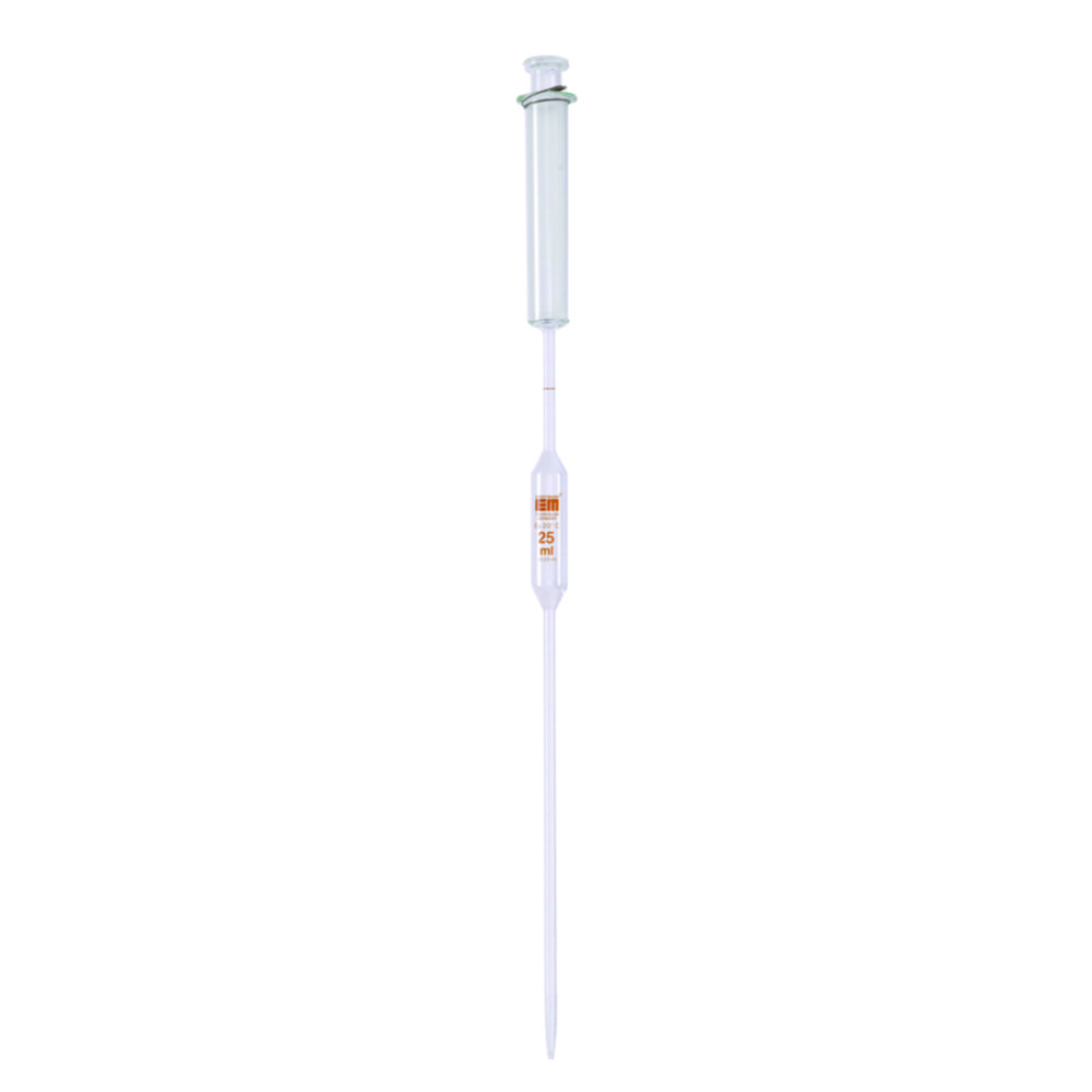 Volumetric pipettes with piston, amber stain graduation Volumetric pipettes with piston, amber stain graduation