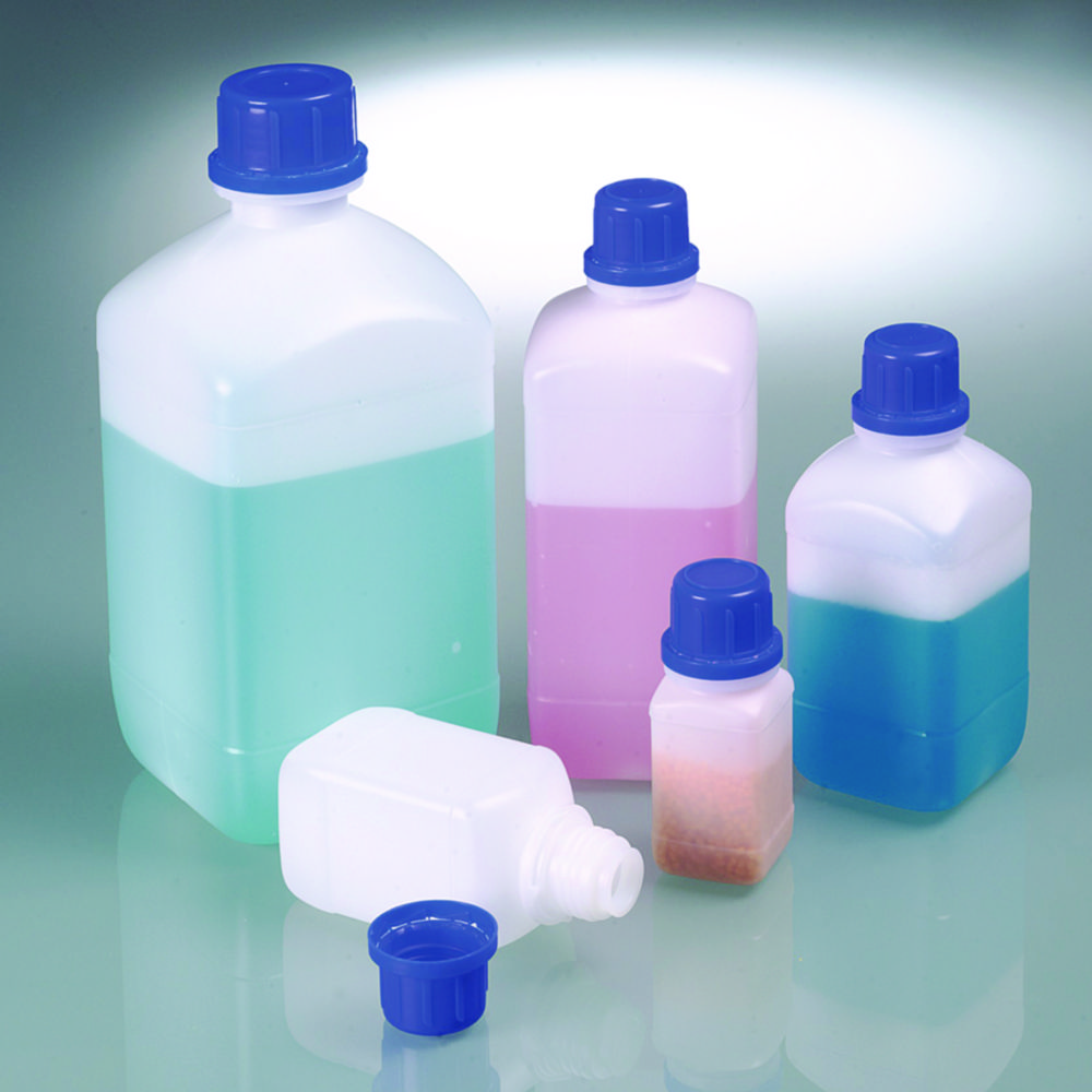 Narrow mouth square bottles, HDPE, with tamper-evident screw cap Narrow mouth square bottles, HDPE, with tamper-evident screw cap