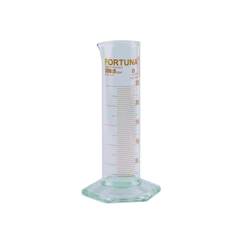 Measuring cylinders FORTUNA®, borosilicate glass 3.3, low form, class B, amber graduated Measuring cylinders FORTUNA®, borosilicate glass 3.3, low form, class B, amber graduated