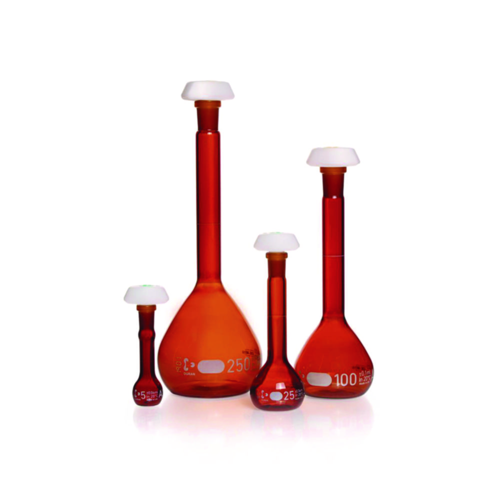 Volumetric flask DURAN®, amber glass, class A, white graduated Volumetric flask DURAN®, amber glass, class A, white graduated