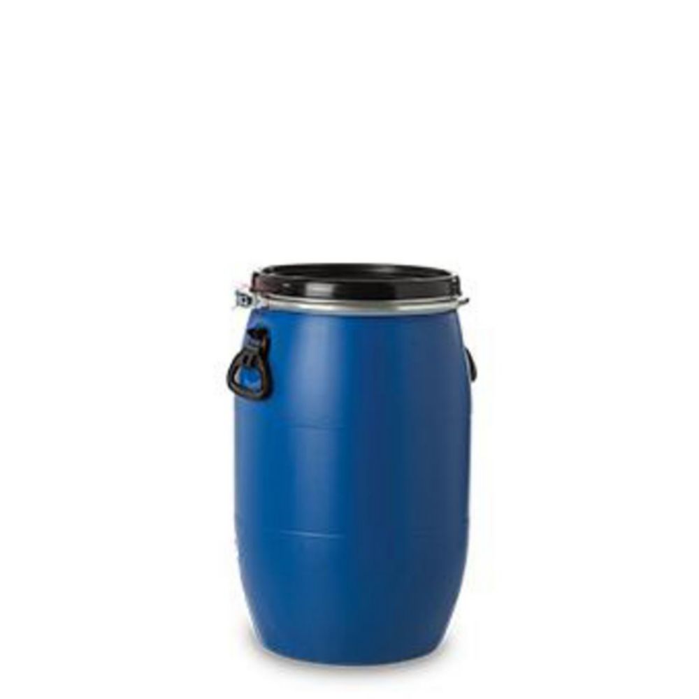 HDPE barrel 60 l, round, blue with lid and clamping ring, 3000 g, Folding handles 1H2/x61/S