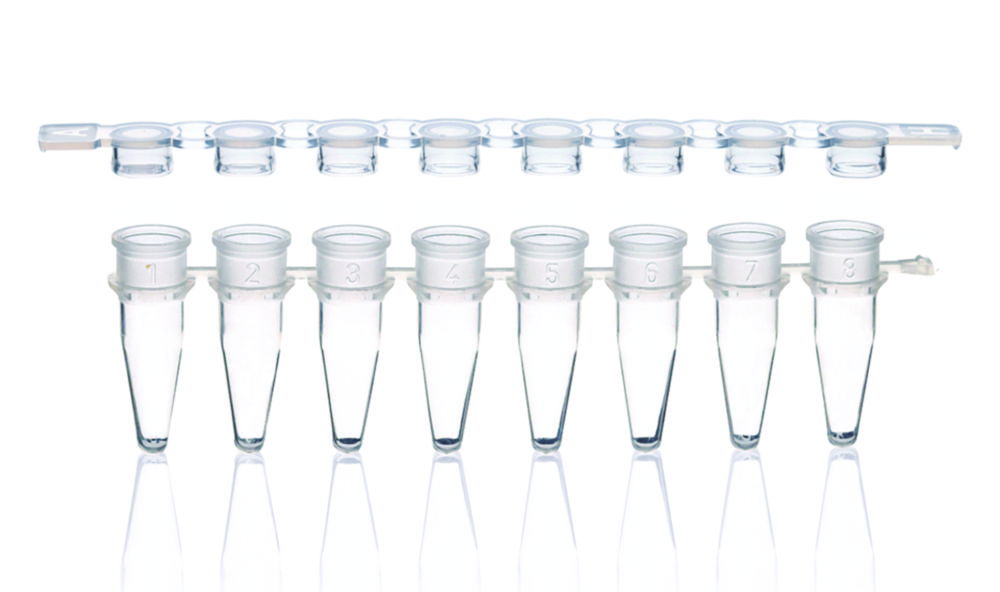 PCR tubes strips of 8, PP, with detached cap strips