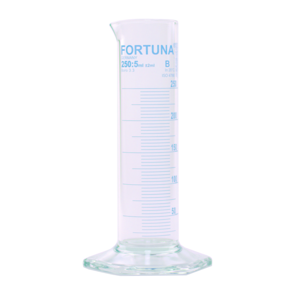Measuring cylinders FORTUNA®, borosilicate glass 3.3, low form, class B, blue graduated Measuring cylinders FORTUNA®, borosilicate glass 3.3, low form, class B, blue graduated