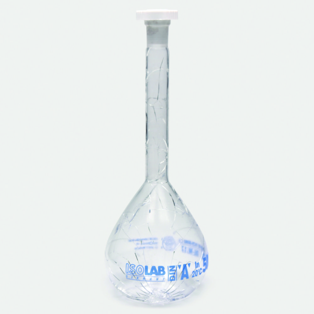 Messkolben, Borosilikatglas 3.3, Klasse A, blau graduiert, mit PE Stopfen, beschichtet