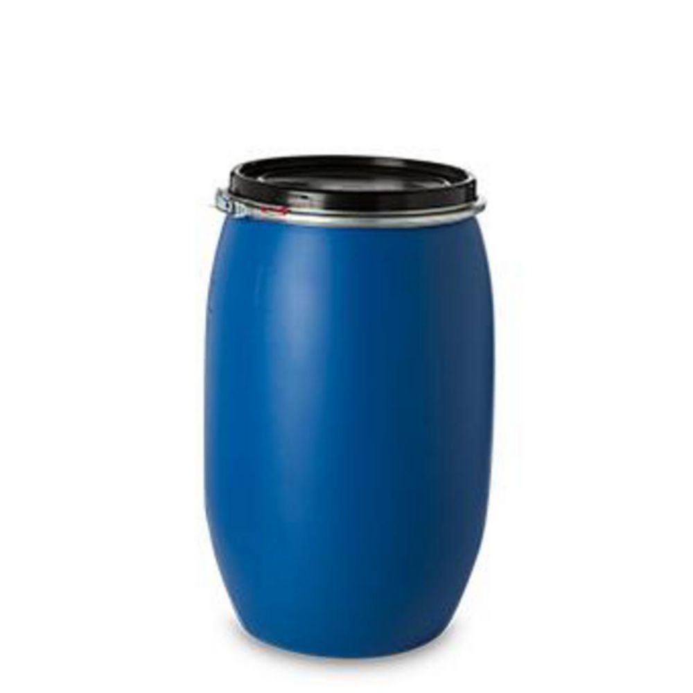 HDPE barrel 120 l, round, blue with lid and clamping ring, 5400 g, Folding handles 1H2/x61/S