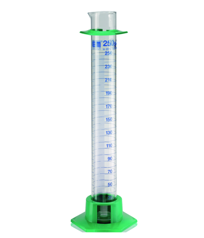 Measuring cylinder with plastic socket, DURAN®, class A, blue graduation Measuring cylinder with plastic socket, DURAN®, class A, blue graduation