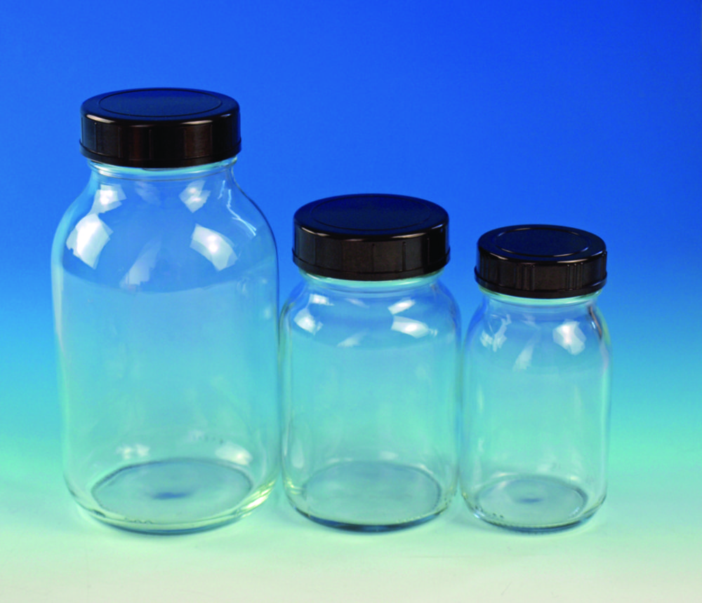 Wide neck bottles, clear glass, with screw cap, plastic Wide neck bottles, clear glass, with screw cap, plastic