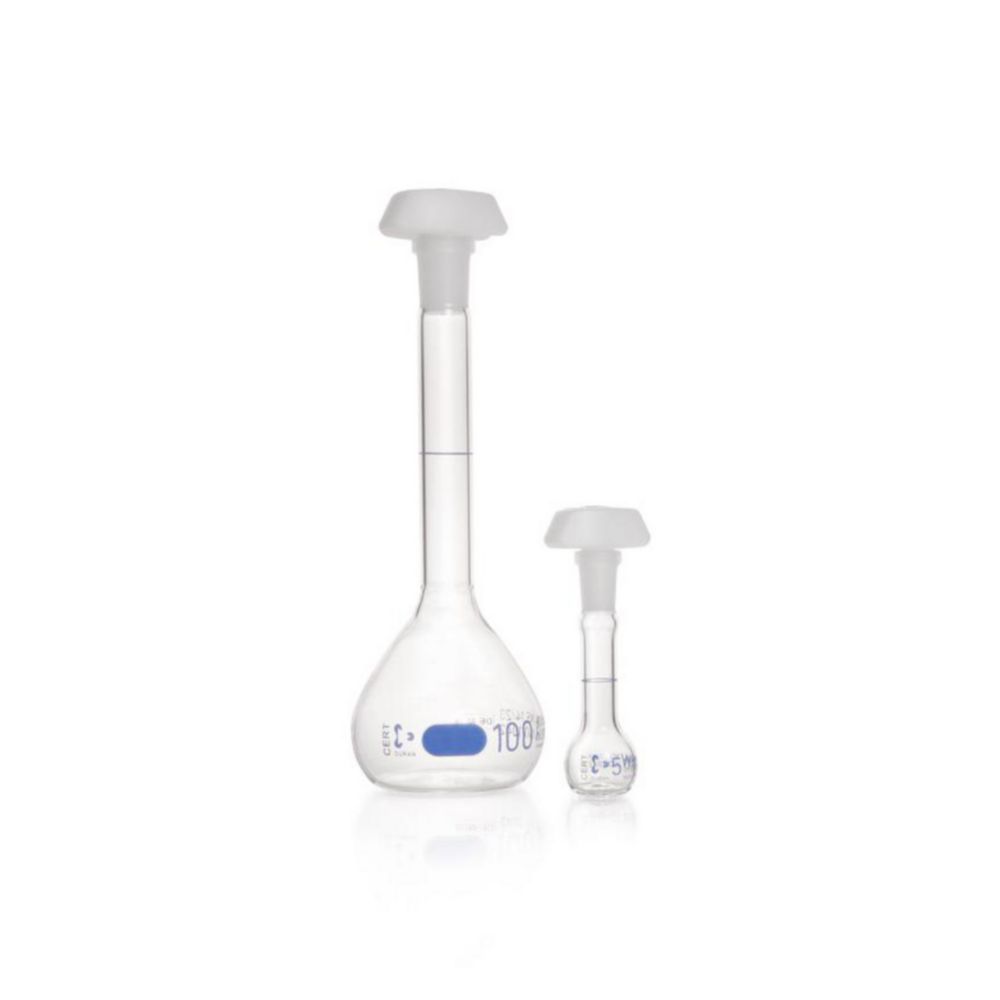 Volumetric flask DURAN®, class A, blue graduated, incl. individual certificate Volumetric flask DURAN®, class A, blue graduated, incl. individual certificate