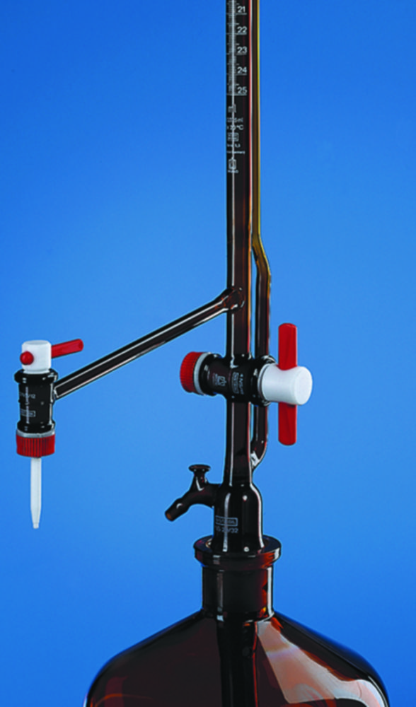 Automatic burettes, Pellet pattern, boro 3.3, amber, class B, with intermediate stopcock Automatic burettes, Pellet pattern, boro 3.3, amber, class B, with intermediate stopcock