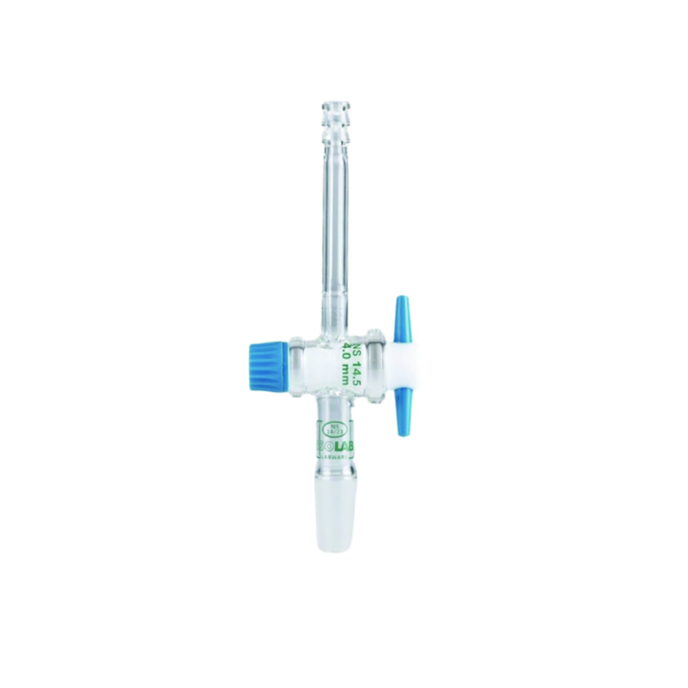 Adapter for tubing, borosilicate glass 3.3, angled (90°), with stopcock
