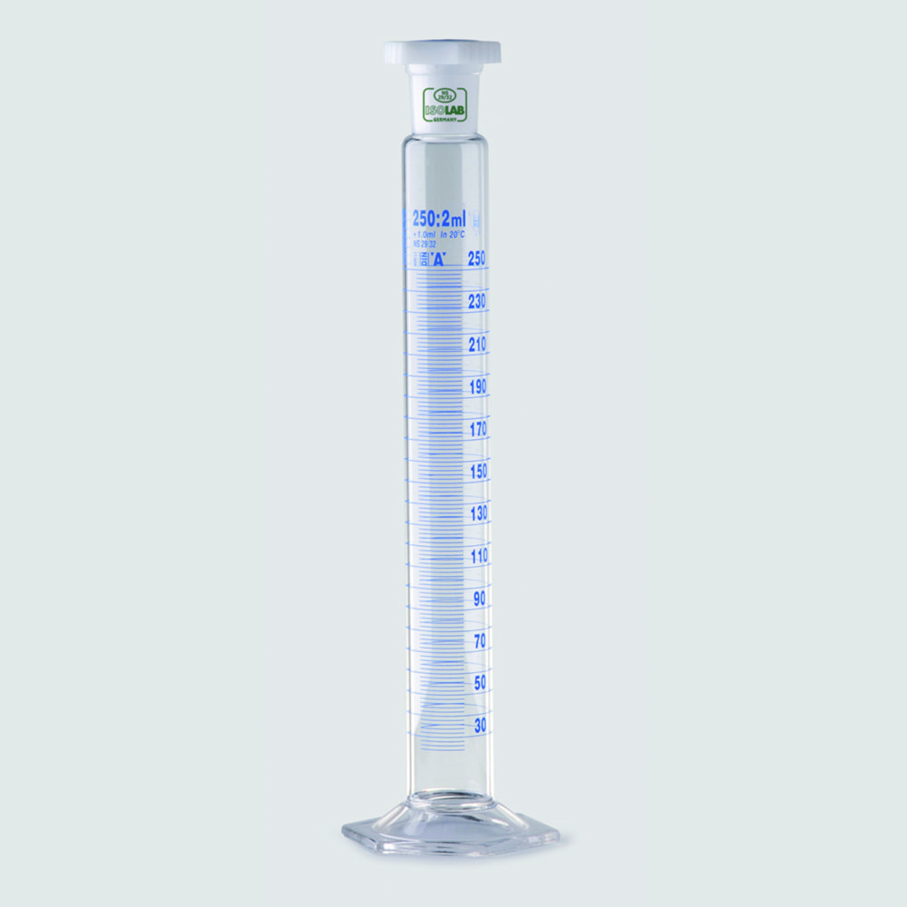 Mixing cylinders, borosilicate glass 3.3, tall form, class A, blue graduated Mixing cylinders, borosilicate glass 3.3, tall form, class A, blue graduated