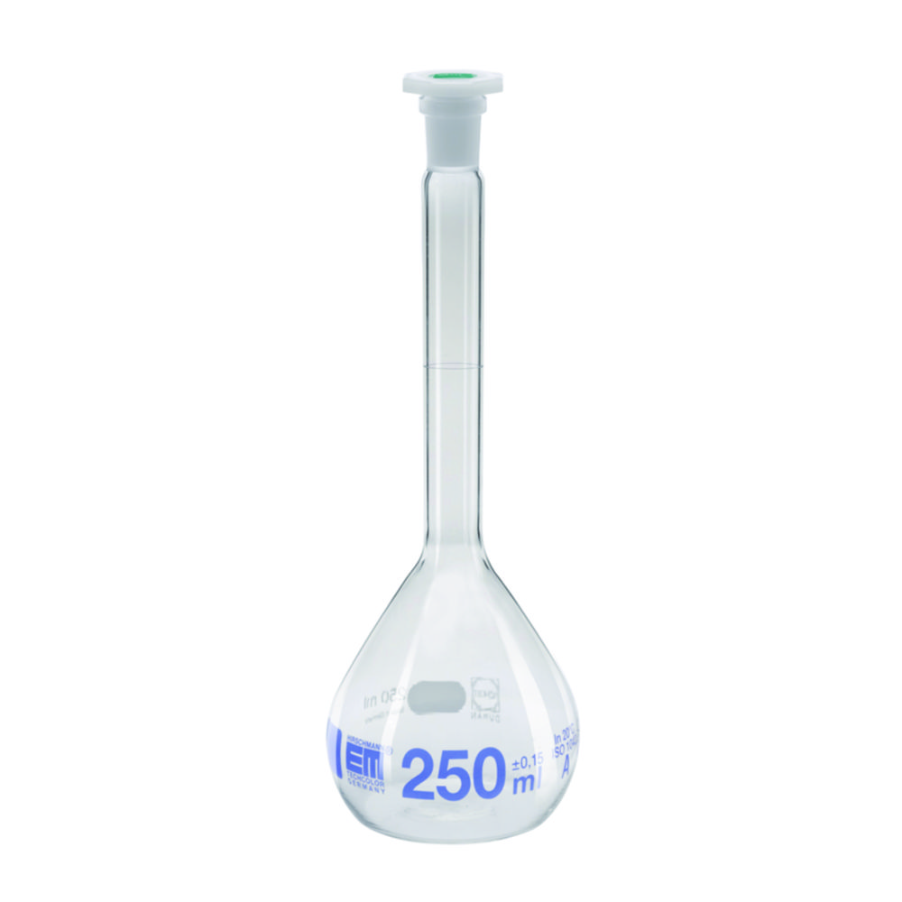 Volumetric flasks, DURAN®, class A, blue graduation, with PE stoppers Volumetric flasks, DURAN®, class A, blue graduation, with PE stoppers