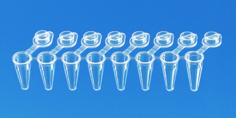 PCR tubes strips, PP, with attached single caps, 1 ridge