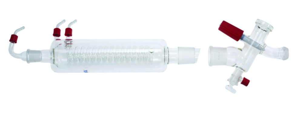 Vertical-intensive condenser with manifold and cut-off valve for rotary evaporator RV 10/RV 8/RV 3 Vertical-intensive condenser with manifold and cut-off valve for rotary evaporator RV 10/RV 8/RV 3