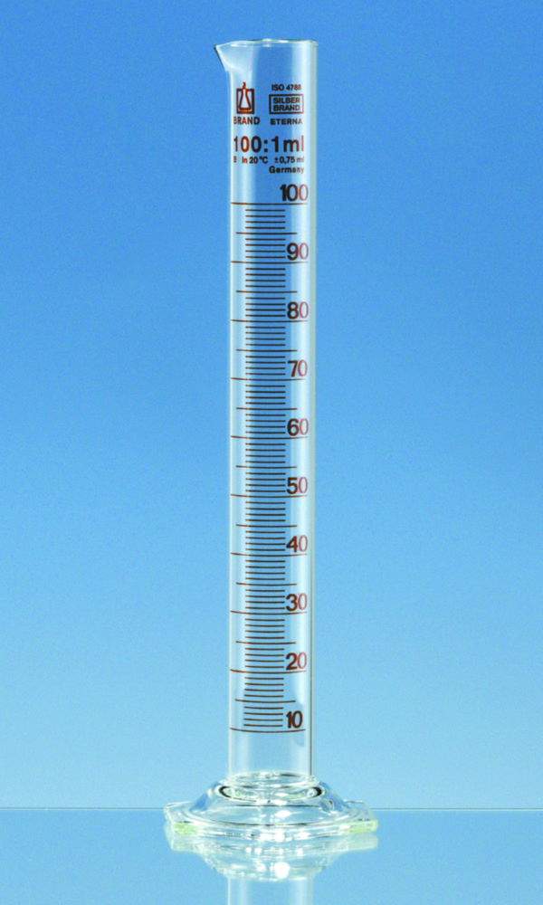 Measuring cylinders, borosilicate glass 3.3, tall form, class B, amber graduation Measuring cylinders, borosilicate glass 3.3, tall form, class B, amber graduation