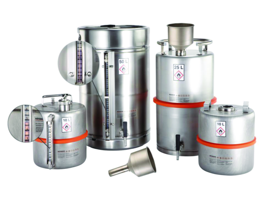 Safety barrels for solvents, with self-closing tap ¾'', with PFA level indicator Safety barrels for solvents, with self-closing tap ¾'', with PFA level indicator