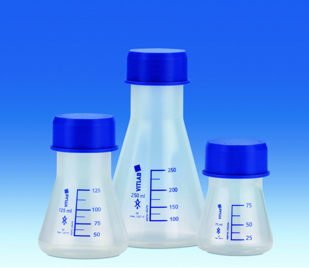 Erlenmeyer flasks, wide mouth, GL 45, PP, with blue screw neck Erlenmeyer flasks, wide mouth, GL 45, PP, with blue screw neck