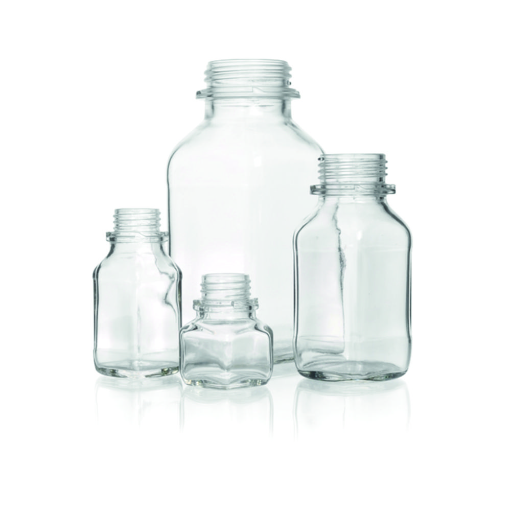 Square, screw cap bottles, soda-lime glass Square, screw cap bottles, soda-lime glass