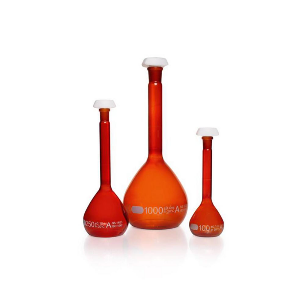 Volumetric flask DURAN®, amber glass, class A, white graduated, incl. individual certificate Volumetric flask DURAN®, amber glass, class A, white graduated, incl. individual certificate