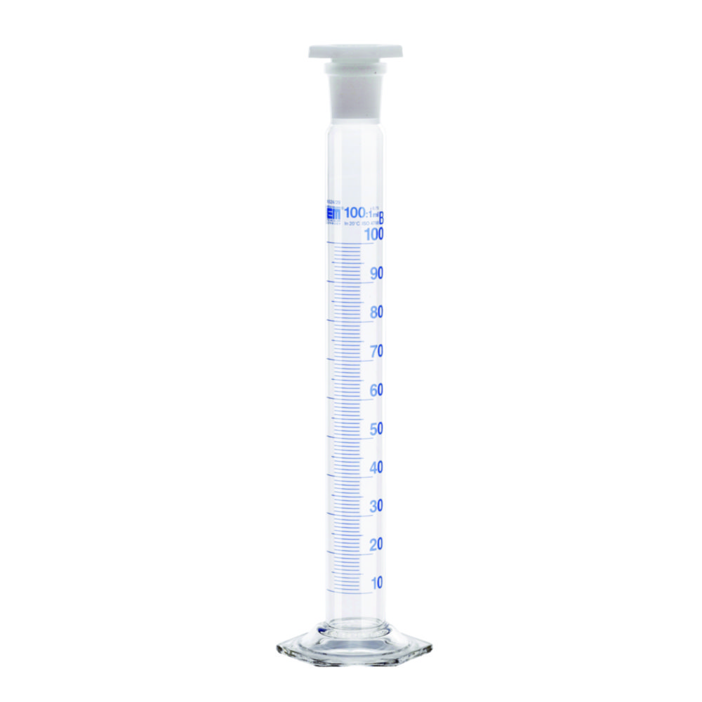 Mixing cylinders, DURAN®, class B, blue graduated, with PE stopper