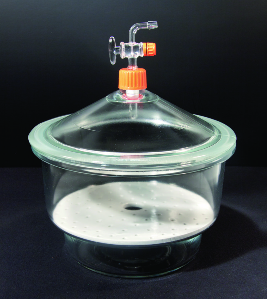 LLG-Exsikkator, Kalk-Soda-Glas, mit Deckel, Glashahn und Porzellanplatte