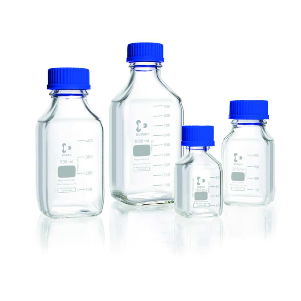 Square shape laboratory bottles, DURAN®, with retrace code Square shape laboratory bottles, DURAN®, with retrace code