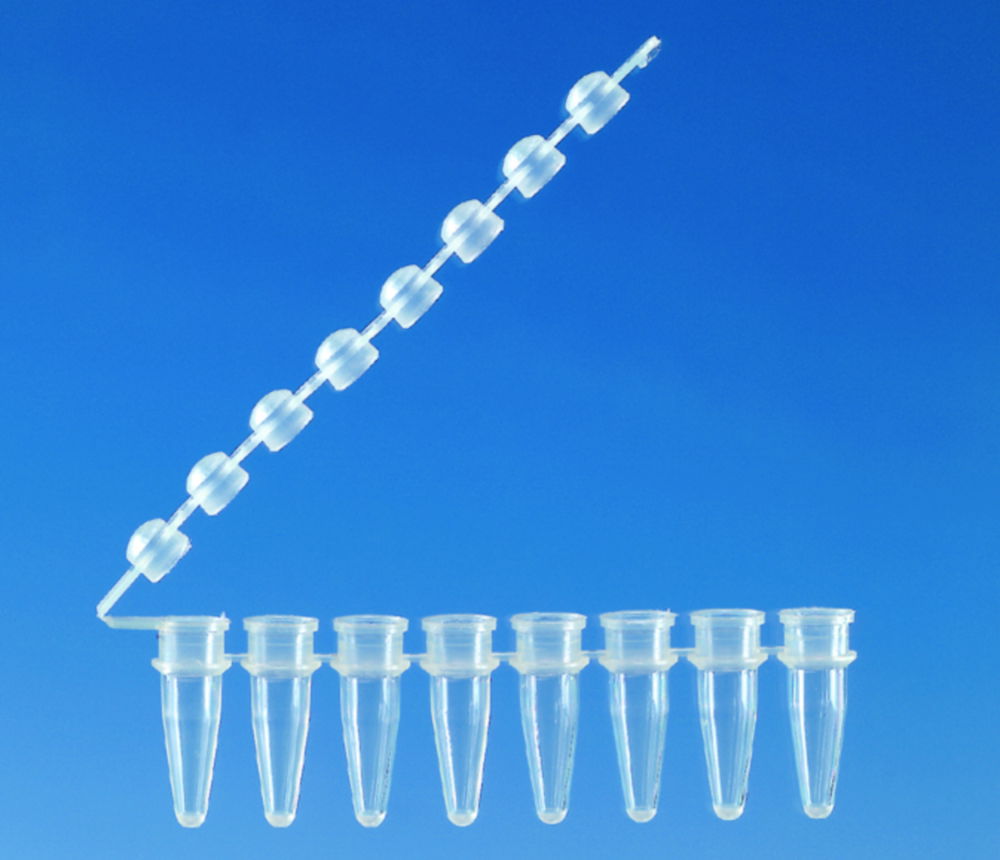 PCR tubes strips of 8, PP, with attached cap strips