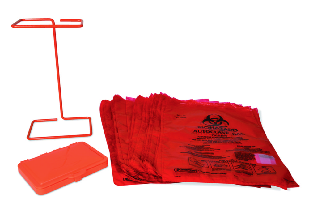 Benchtop holder and biohazard bags set
