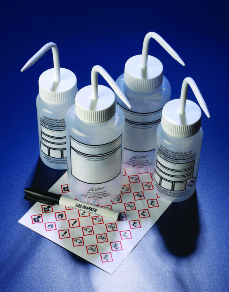 Safety wash bottles with blank write-on-panel, LDPE