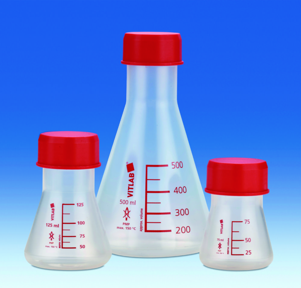 Erlenmeyer flasks, wide mouth, PMP, GL 45, with red screw cap, PP Erlenmeyer flasks, wide mouth, PMP, GL 45, with red screw cap, PP